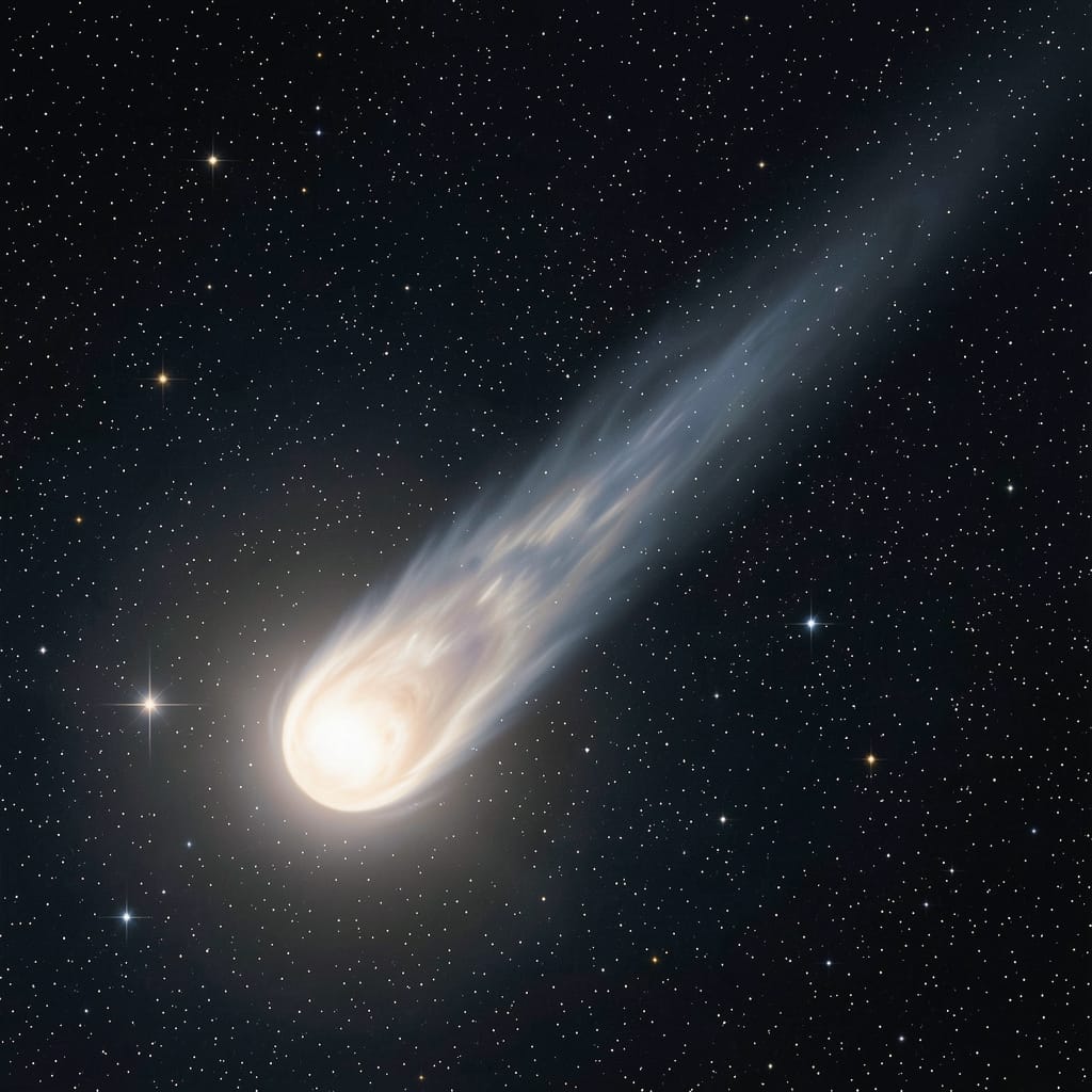 A bright comet with a glowing nucleus and a long, trailing tail moves through a star-filled night sky.