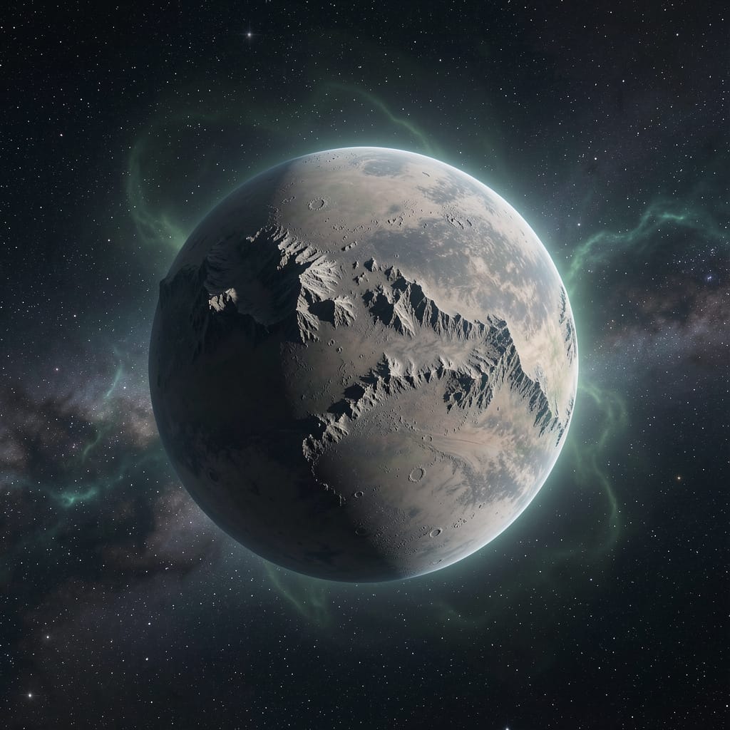 A realistic depiction of a distant planet with mountainous terrain, set against a starry background featuring cosmic clouds and faint nebulae.