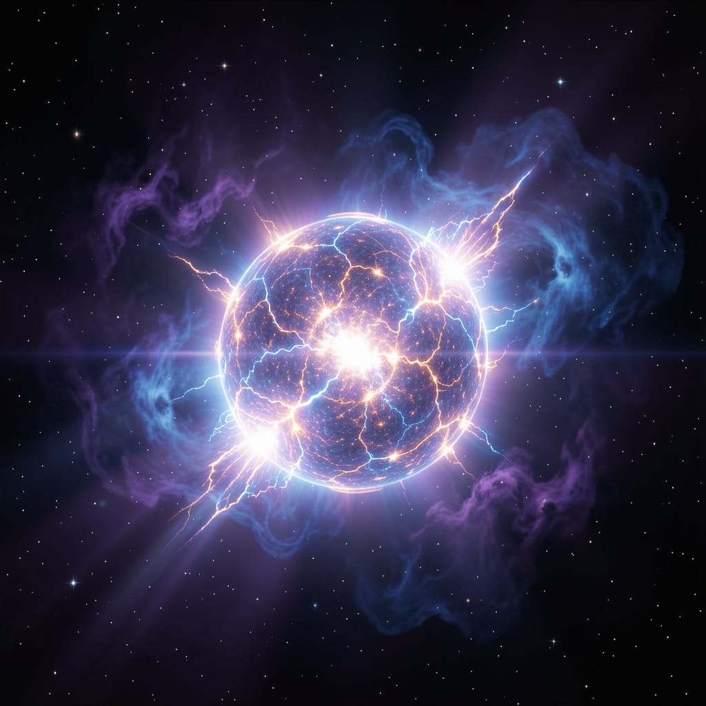A vibrant depiction of a glowing celestial body surrounded by energetic lightning bolts and swirling cosmic clouds, set against a starry background.