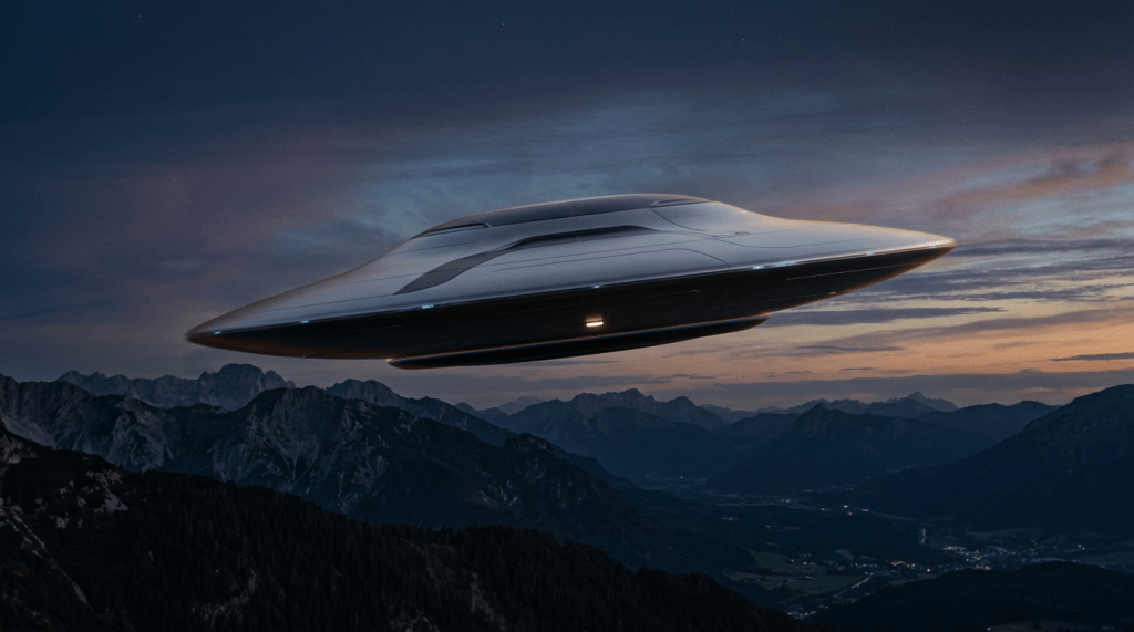 Futuristic sleek flying craft hovering over mountains at sunset