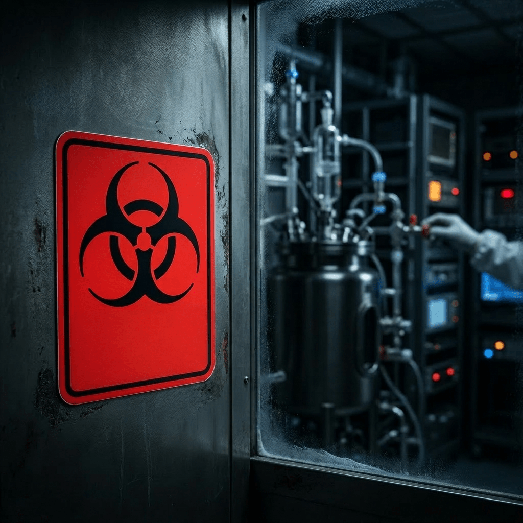 Red biohazard warning sign stating restricted access on a metal door leading to a laboratory.