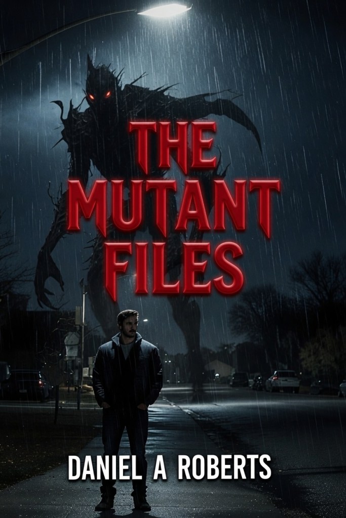 A mysterious figure stands in the rain on a dark street, with a large, shadowy creature looming behind a streetlight. The title 'THE MUTANT FILES' and the author's name 'DANIEL A ROBERTS' are prominently displayed in red text.