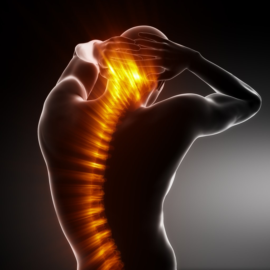A digital illustration of a human figure from the back, showcasing a glowing orange spine, with hands on the head, conveying a sense of tension or discomfort.