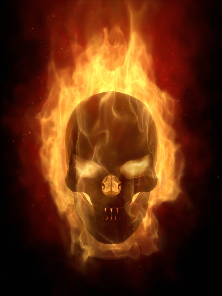 A flaming skull surrounded by glowing orange and yellow flames against a dark background.