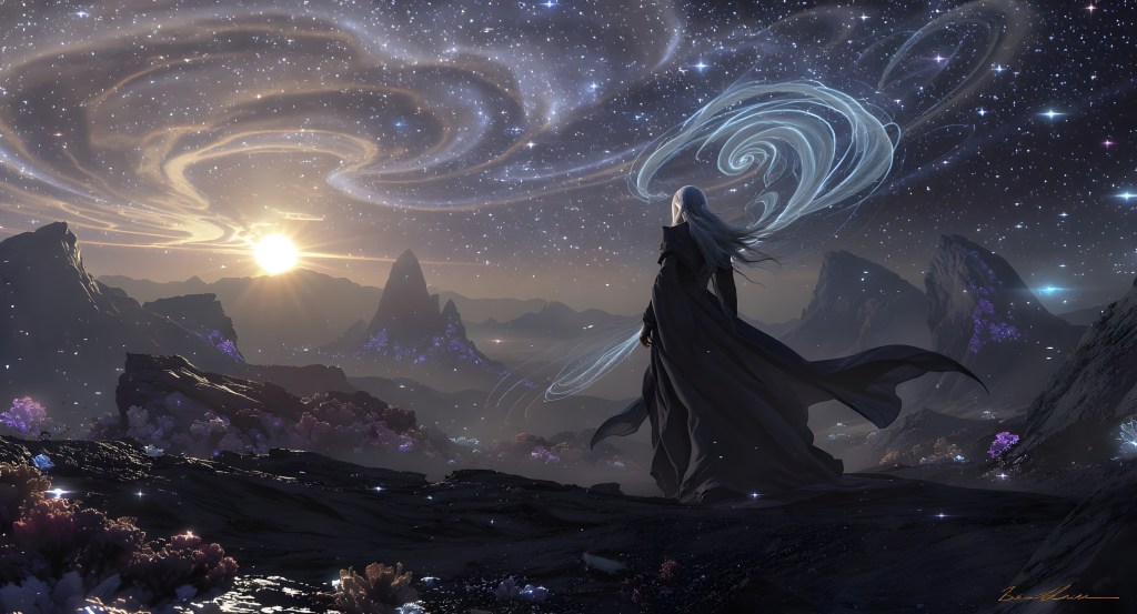 A figure in a flowing cloak stands on a rocky landscape, gazing towards a glowing sun rising over distant mountains, with swirling cosmic patterns and stars filling the sky.